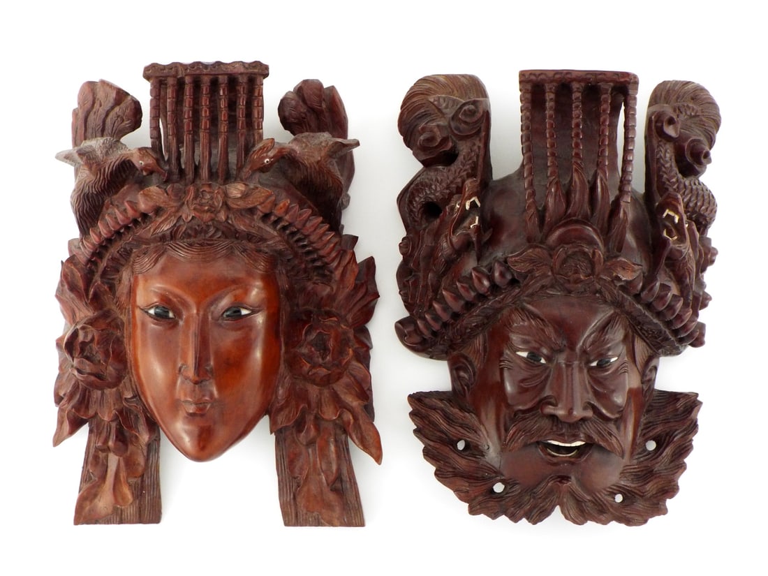 FINE Pair of Chinese Hand Carved Rosewood Masks of Daoist Deities: FINE Pair of Chinese Hand Carved Rosewood Masks of Daoist Deities