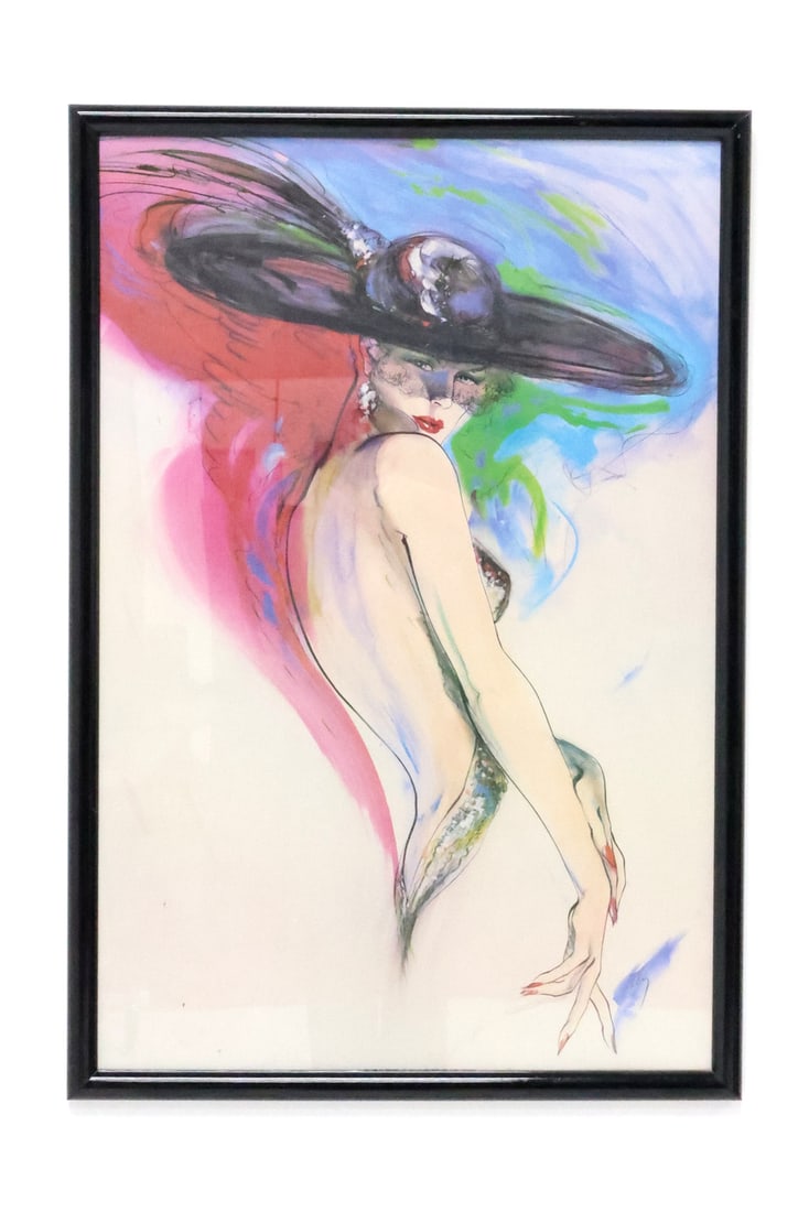 Fantastic LITHOGRAPH Black Hat by Richard Ely on Silk: Easily recognizable framed lithograph by Richard Ely (1928-2009), captures seductive feminine profile veiled beneath a dramatic black hat on silk. A masterpiece of American fashion illustration. Signe