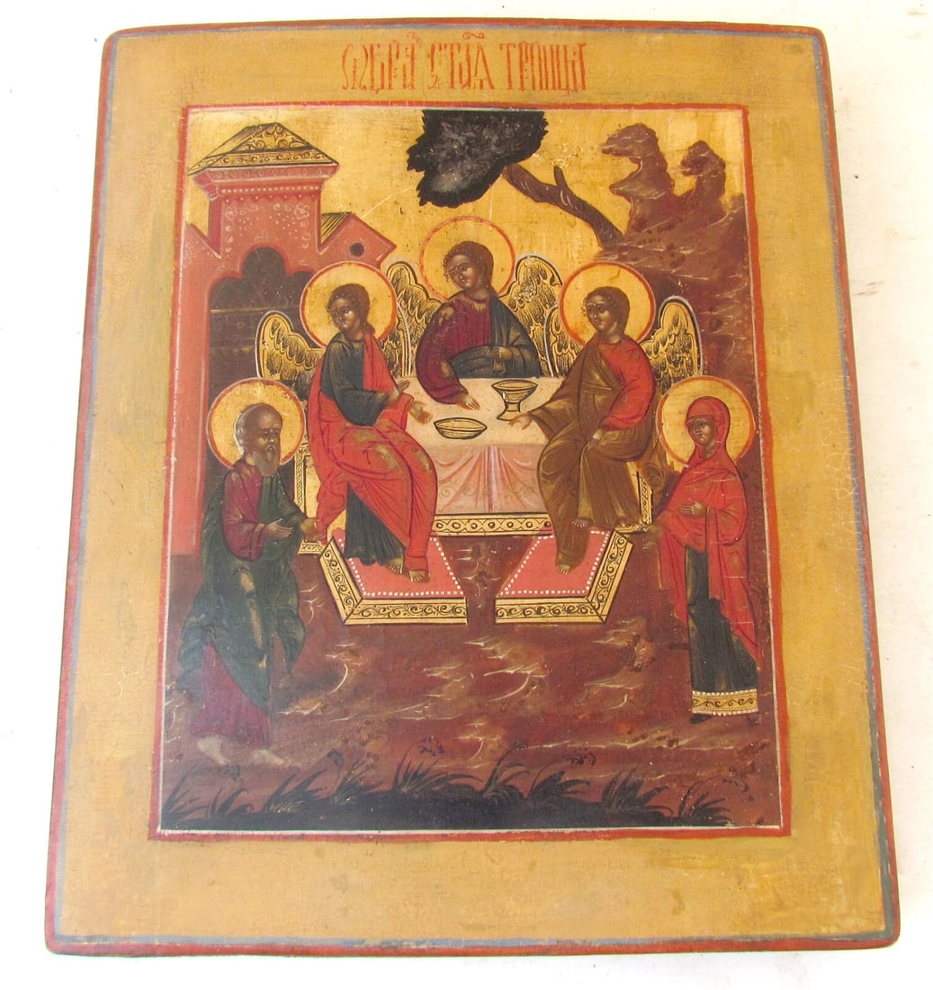 RUSSIAN ICON of OLD TESTAMENT TRINITY 19th CENTURY antique HAND PAINTED (1 of 5)
