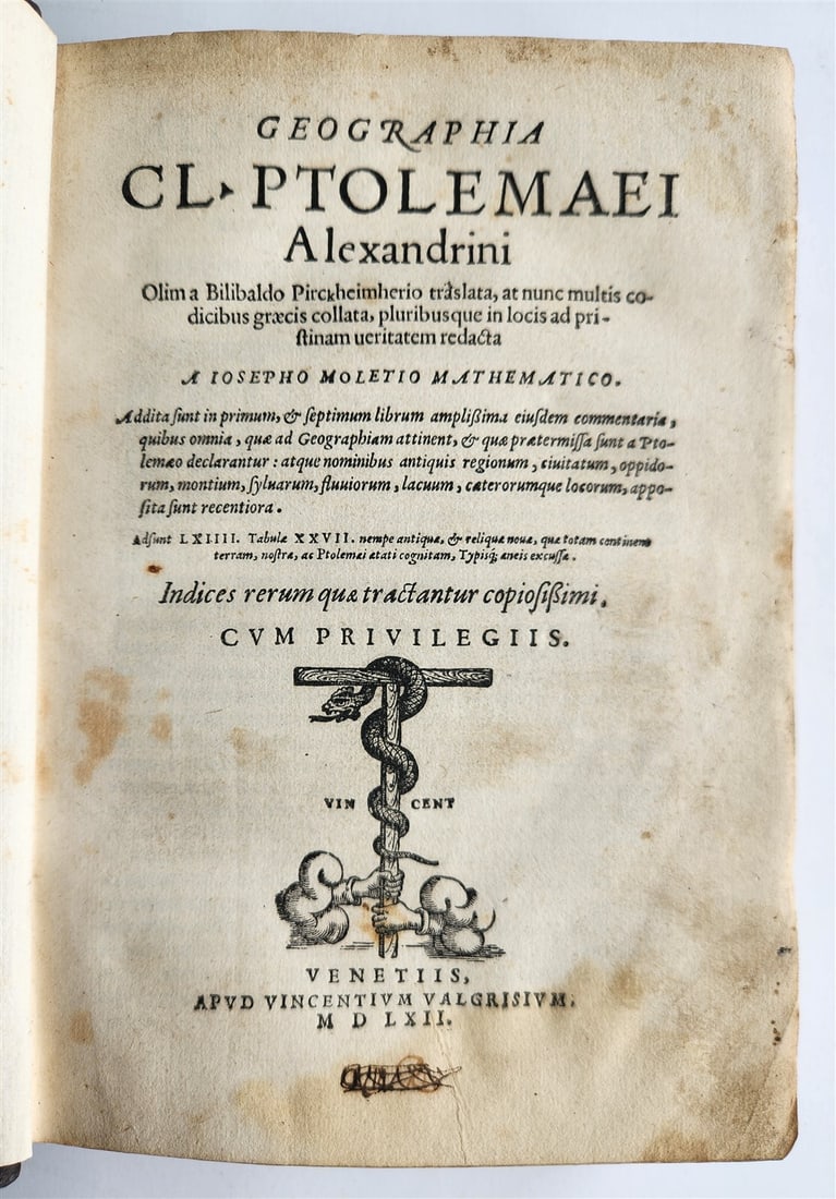 1562 PTOLEMY GEOGRAPHY antique GEOGRAPHIA CL. PTOLEMAEI ILLUSTRATED 16th CENTURY: GEOGRAPHIA CL. PTOLEMAEI. ALEXANDRINI. Olim a Bilibaldo Pirckheimherio traslata, at nunc multis codicibus graecis collata, pluribusque in locis ad pristinam ueritatem redacta. a Josepho Moletio mathem