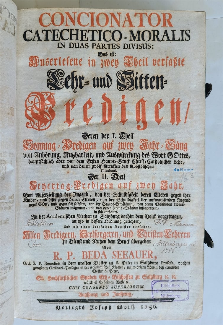 1753 - 1756 2 VOLUMES PIGSKIN BOUND FOLIOS w/ CLASPS antique SERMONS by SEEAUER - 12