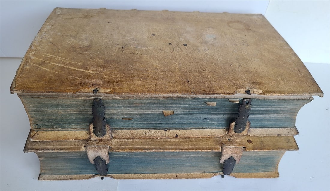 1753 - 1756 2 VOLUMES PIGSKIN BOUND FOLIOS w/ CLASPS antique SERMONS by SEEAUER - 3