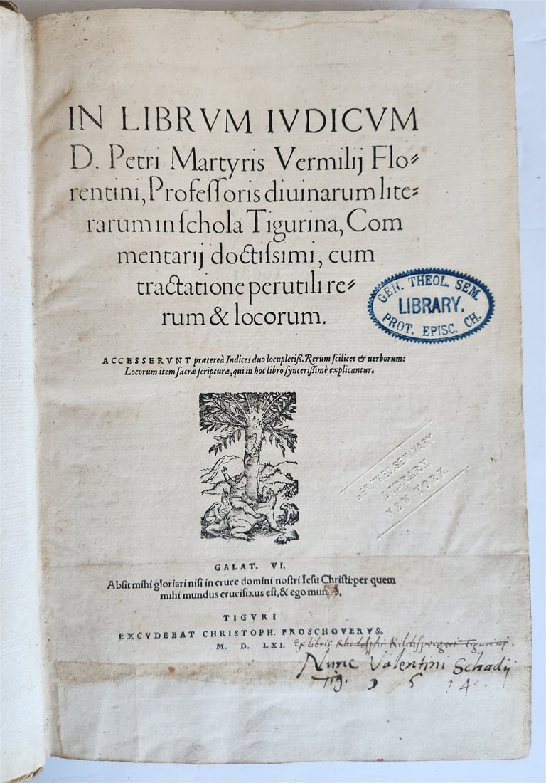 1561 COMMENTARY on BIBLE BOOK OF JUDGES by Peter Martyr Vermigli antique VELLUM: In Librum Iudicum. Commentarij doctissimi, cum tractatione perutili rerum & locorum by Peter Martyr Vermigli. Zurich, Froschauer; 1561. 22 unnumbered, 208 numbered leaves. Full vellum binding with gil