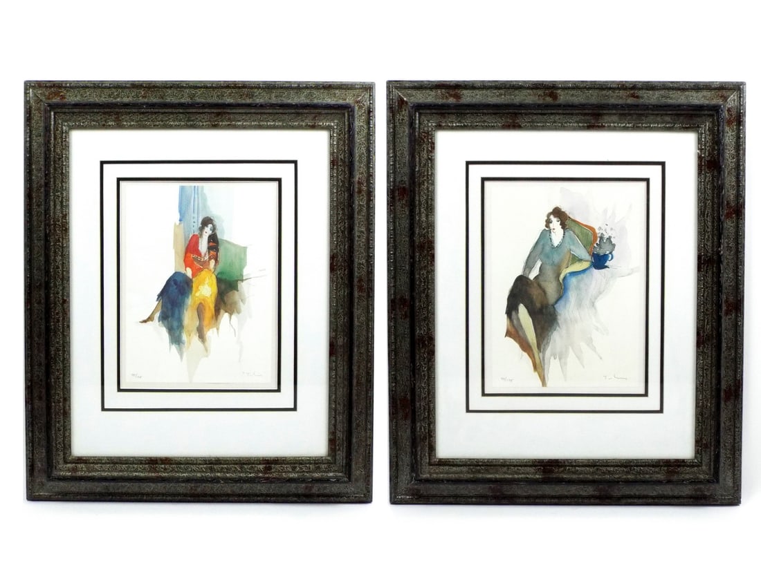 Very Fine Pair of Contemporary ITZCHAK TARKAY WATERCOLOR WOMEN: Pair of two fantastic watercolor paintings by Itzchak Tarkay, the first: signed in the lower right and numbered 74/175 in pencil, captures the elegant poise of a reclining woman in loose, fluid lines