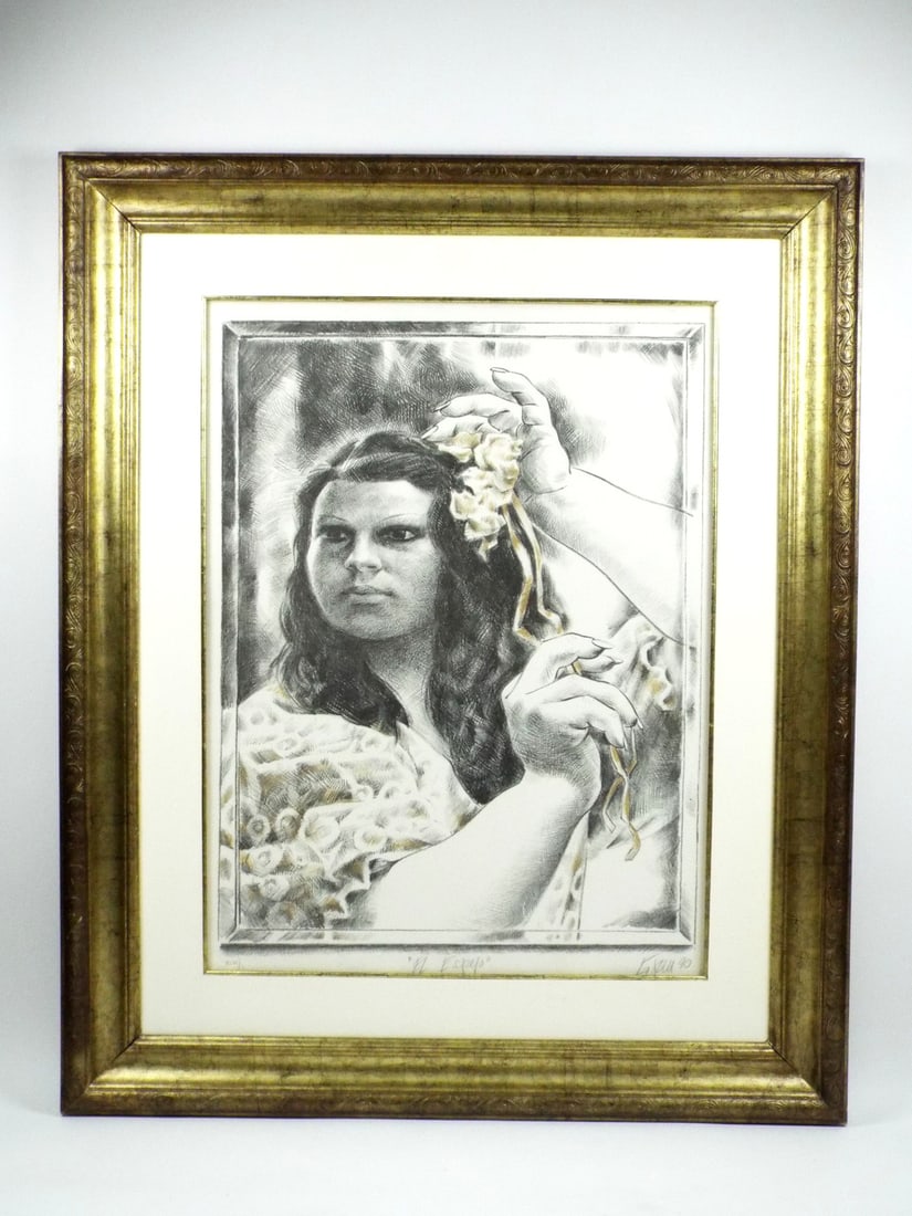 ENRIQUE GRAU Hand Signed EL ESPEJO LIMITED EDITION LITHOGRAPH: Velvety 1990 lithograph by the master Colombian artist Enrique Grau Araujo, titled "El Espejo" (The Mirror), presents a powerful close up portrait of a young woman caught in a private moment of adornm