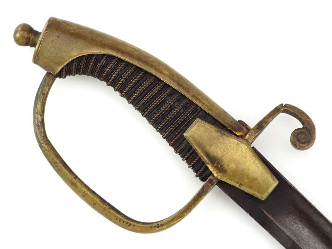 Rare 19th C. Russian INFANTRY SWORD Brass Hilt: Rare 19th century Russian infantry sword presents an evocative silhouette, standing as a fine example of imperial martial utility and refined European influence. The steel blade exhibits a deep, even