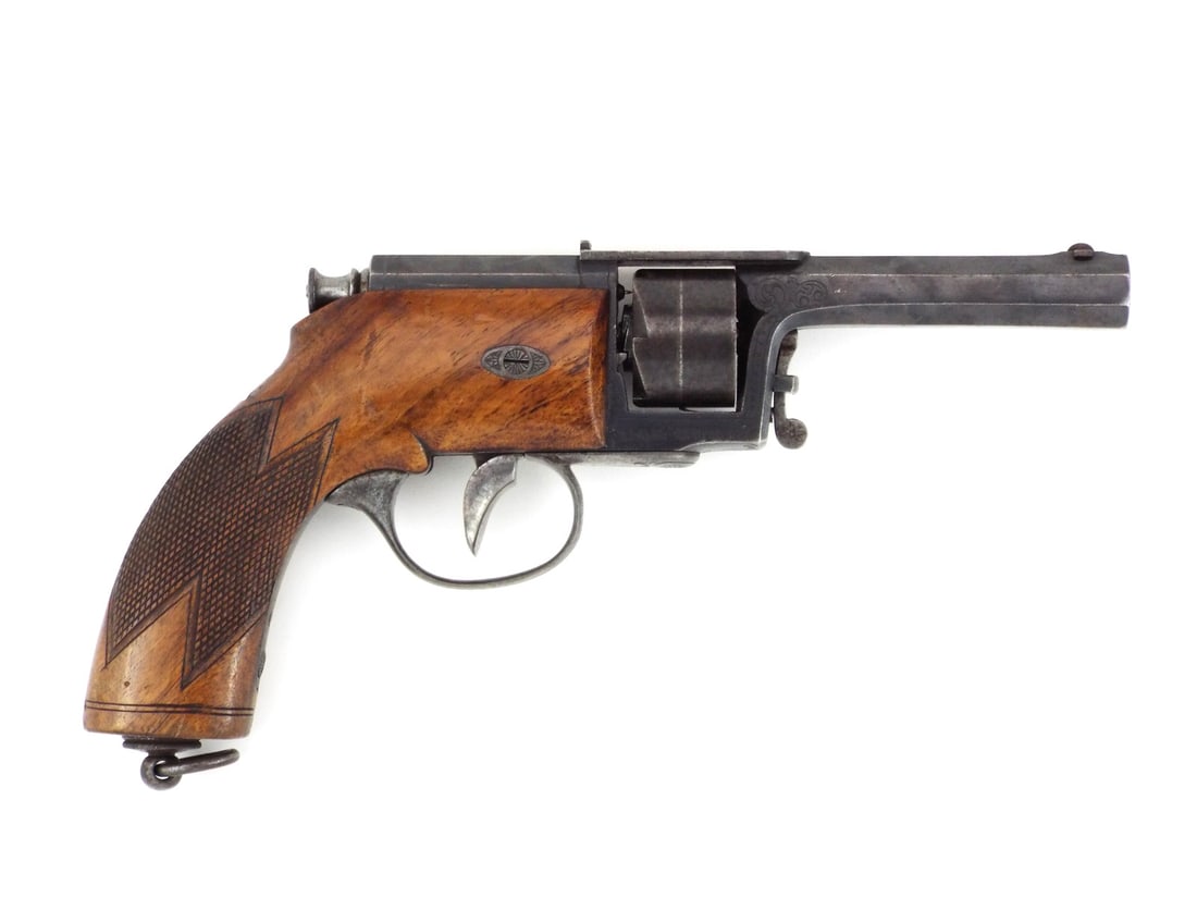 Rare High End Mid 19th C. German DREYSE NEEDLE FIRE REVOLVER: Rare mid 19th century Dreyse needle fire revolver, manufactured by Franz von Dreyse in Sommerda, Germany, embodies the innovative spirit of Prussian arms making, where mechanical precision meets the s