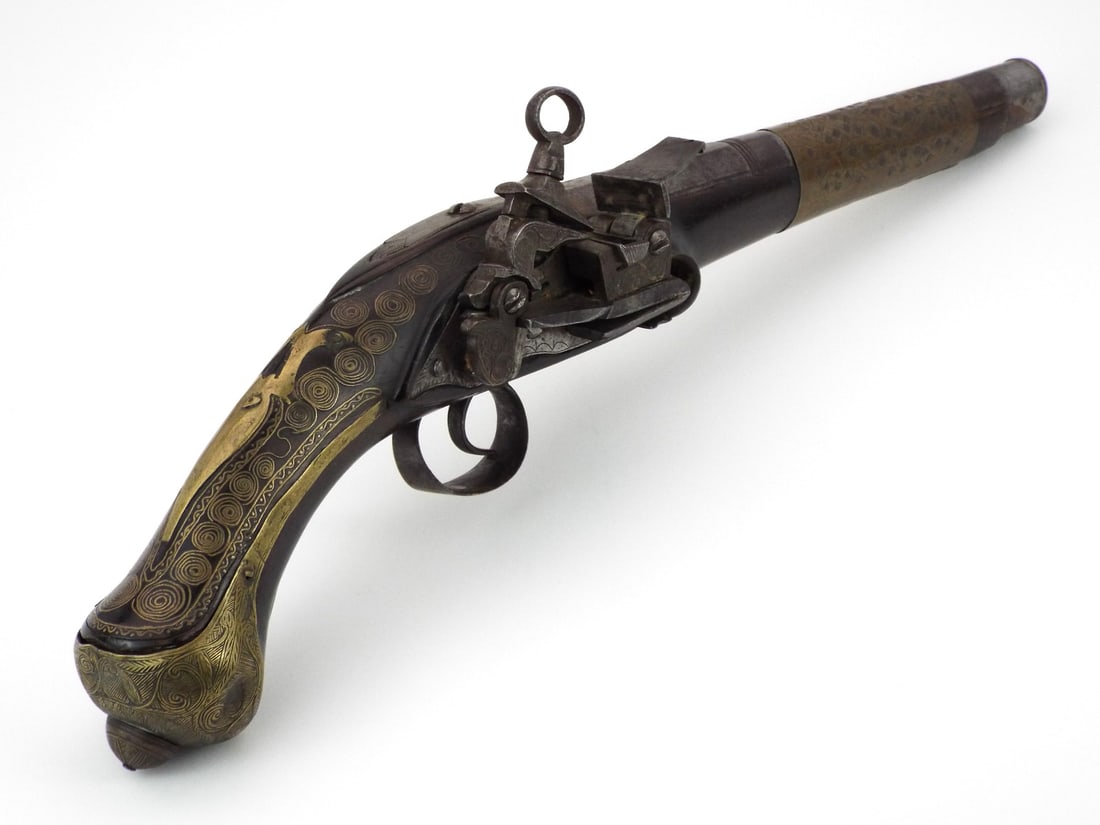 Excellent 18th C. MIQUELET LOCK FLINTLOCK PISTOL Gold Inlaid (1 of 20)