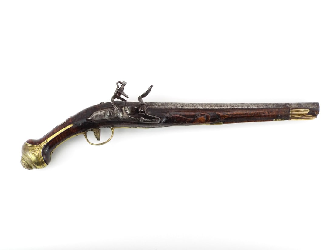 Very Fine Late 18th-Early 19th C. Mediterranean FLINTLOCK HOLSTER PISTOL: Impressive late 18th to early 19th century Mediterranean flintlock holster pistol, captures the vibrant crossroads of European craftsmanship and Ottoman inspired exuberance, a rugged yet ornate arm su