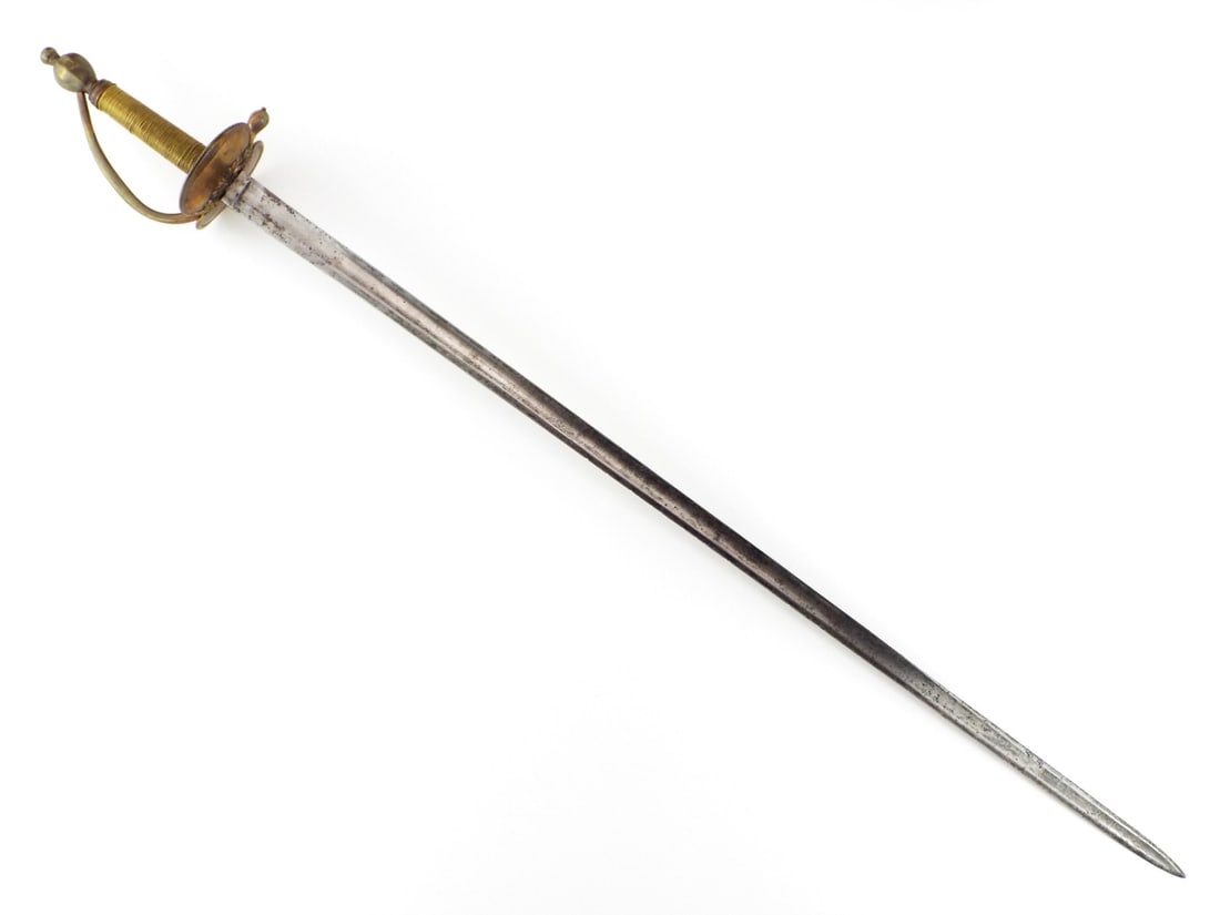 Fabulous 19th C. Napoleonic British Officer SWORD: Elegant 19th century Napoleonic British officer sword featuring a straight single edged blade. The steel surface mellowed to a greyish patina that echoes the ghosts of barracks. Brass mounts including