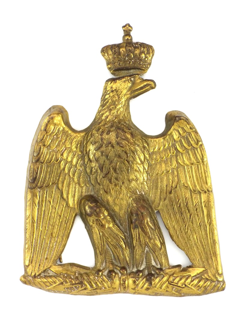 Excellent 19th C. French 2nd Empire SABRETACHE PLATE Crowned Eagle: Excellent French Second Empire sabretache plate, cast in brass with rich gold gilding mellowed due to age, presents the imperial eagle crowned with the Napoleon III laurel and star diadem, wings sprea