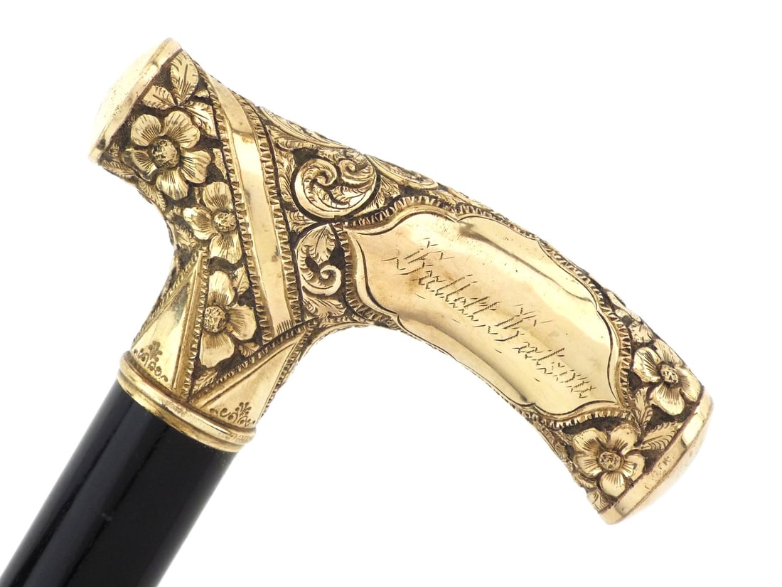 Posh Late 19th C. PRESENTATION CANE 18K Gold Repousse Handle (1 of 14)