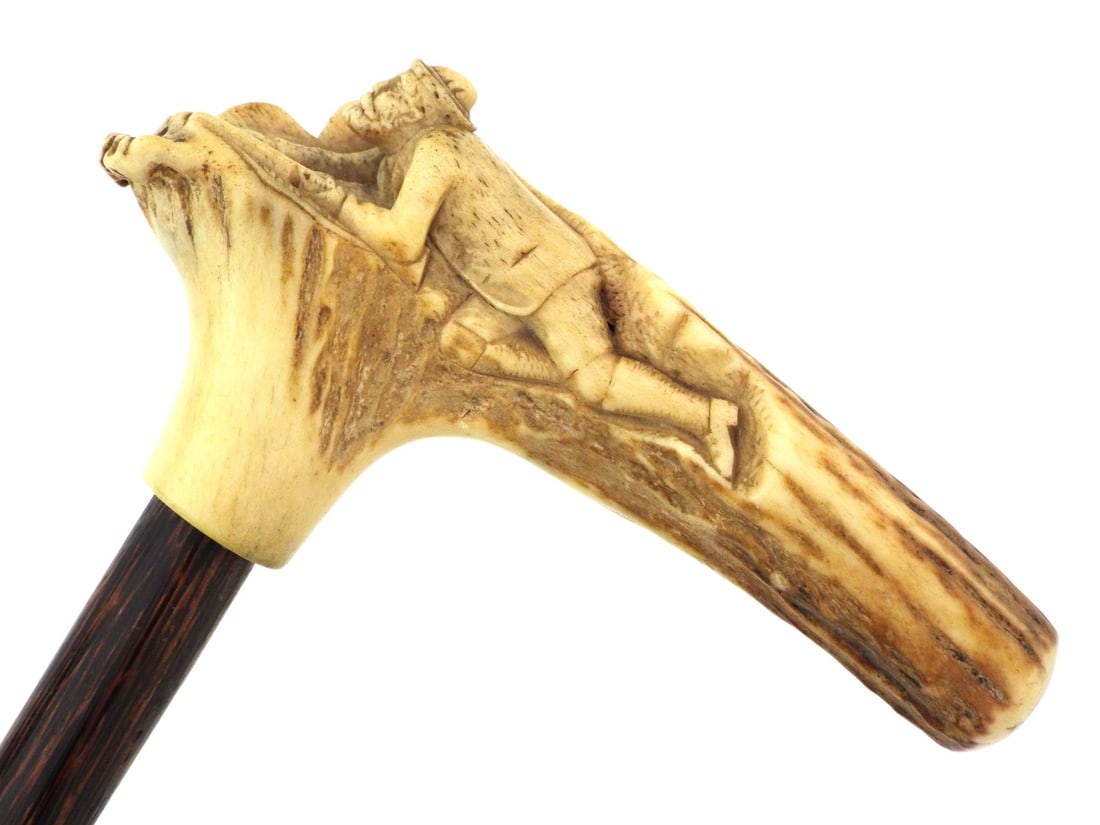 FOLK-ART Late 19th C. European WALKING STICK Carved Huntsman Antler (1 of 12)