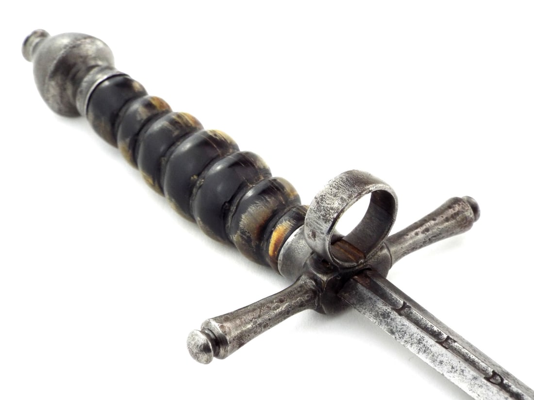 Excellent 17th C. Italian MAIN GAUCHE DAGGER Spirally Carved Ebony & Side Ring: Fantastic 17 century Italian main gauche (left hand dagger) represents the lethal elegance of the Baroque dueling tradition, serving as the silent, defensive partner to the rapier. The stiff, diamond