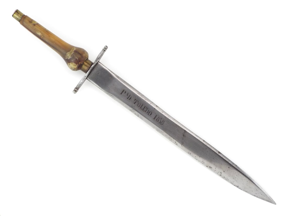 Fine 19th C. Spanish TOLEDO PLUG Bayonet Fabrica de Toledo Marked Blade: Magnificent 1858 Spanish plug bayonet, bearing the prestigious mark of the historic Fabrica de Toledo on its blade and the year of manufacture, embodies the enduring legacy of one of Europe’s most c