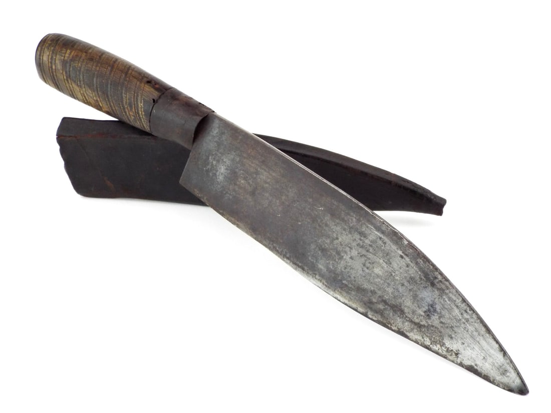 Formidable 19th C. Indonesian KNIFE Forged Iron Blade Leather Scabbard (1 of 14)