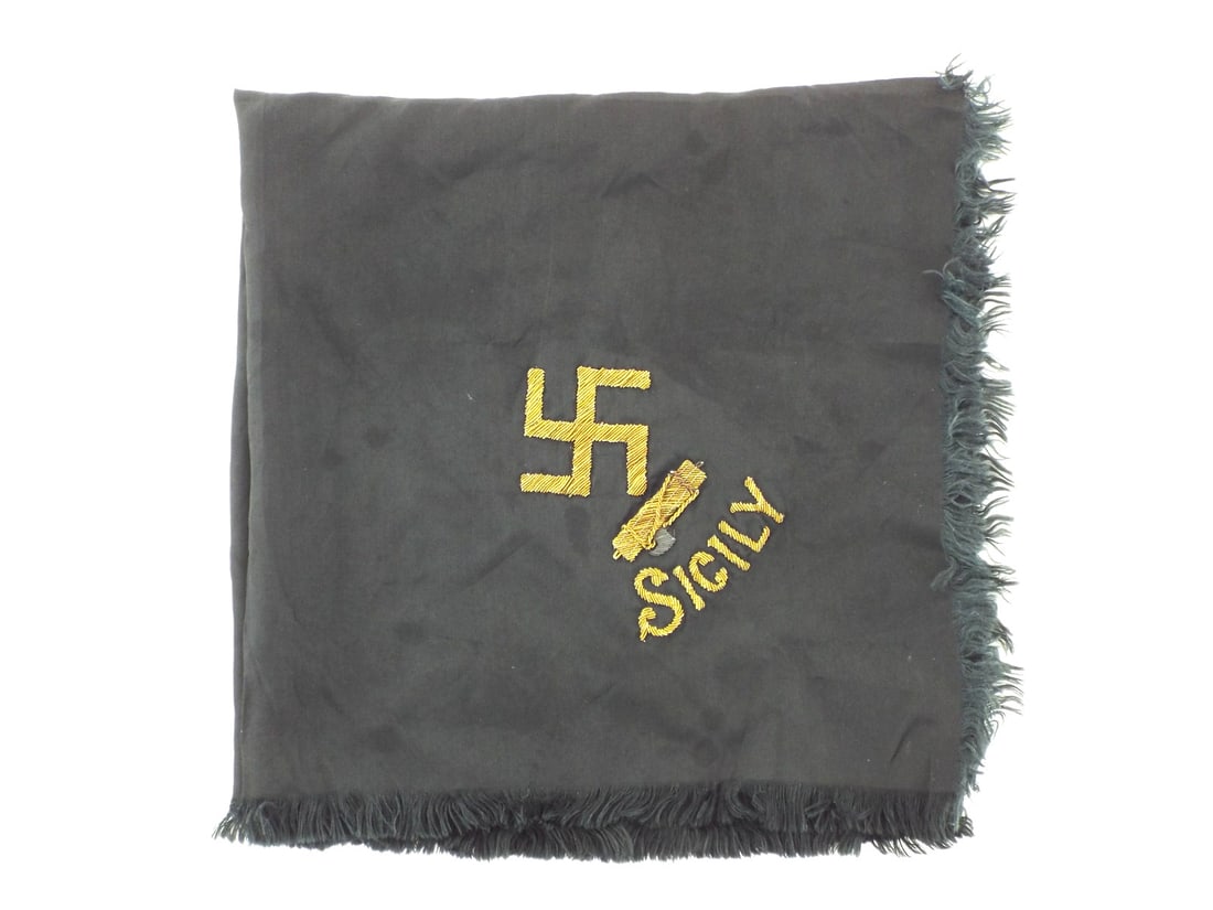 Italian WWII Black Shirts Scarf Gold Bullion SICILY: Fine black silk textile exhibits a light age appropriate wear across its hand fringed borders. The body features high relief bullion embroidery depicting Swastika and Italian Fasces above the location