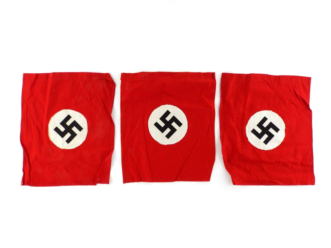 PRISTINE German WWII 3 PUBLIC DISPLAY BANNERS Multi Piece Construction: PRISTINE German WWII 3 PUBLIC DISPLAY BANNERS Multi Piece Construction. Height 10.5 inches, width 12 inches.