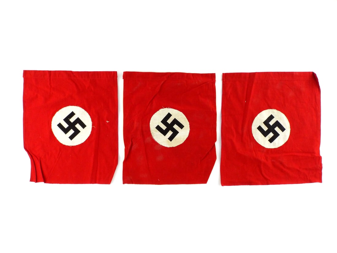 PRISTINE German WWII 3 PUBLIC DISPLAY BANNERS Multi Piece Construction: PRISTINE German WWII 3 PUBLIC DISPLAY BANNERS Multi Piece Construction. Height 10.5 inches, width 12 inches.