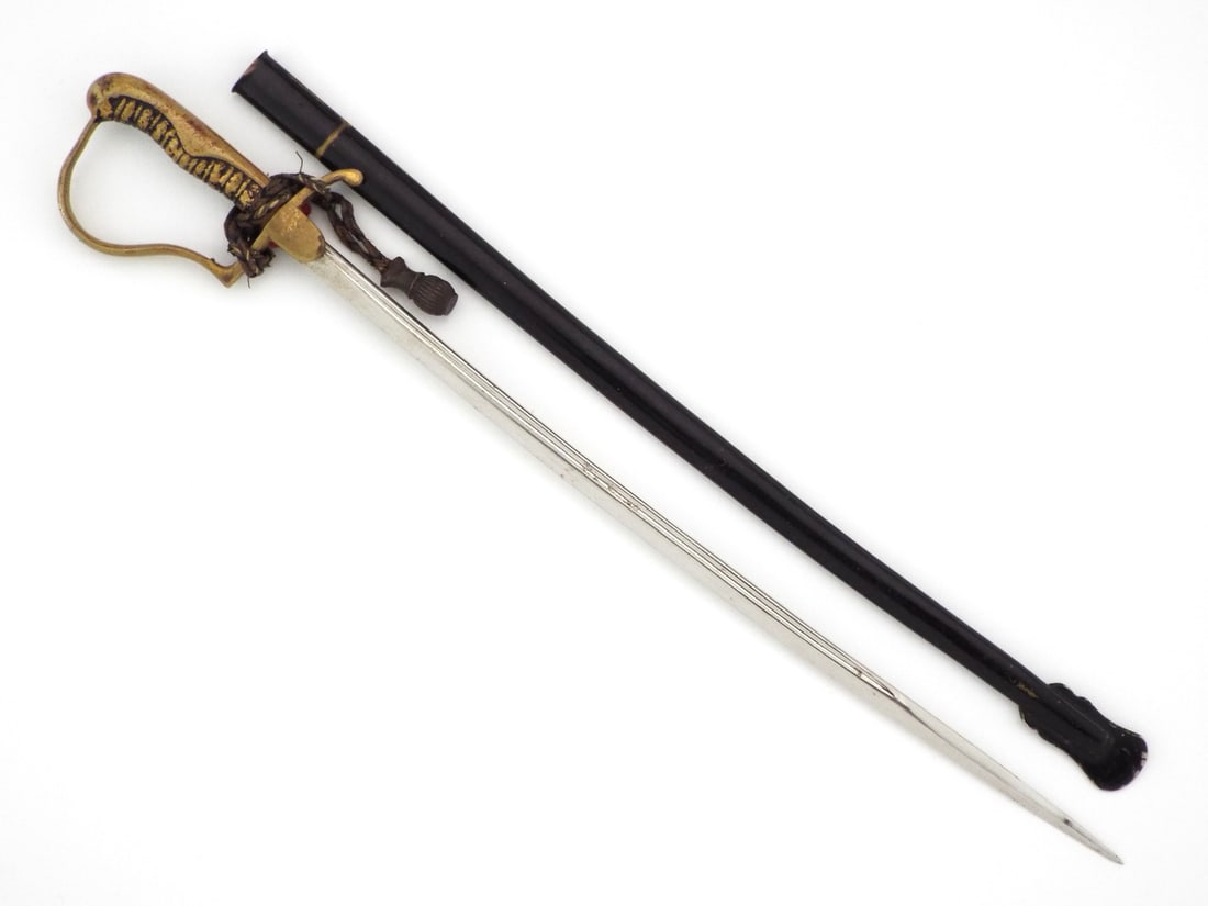 German WWII MINIATURE Heer Army Officer Sword Salesman's Sample: Miniature WWII German Heer officer's sword, crafted as a high end presentation piece, slender gently curved single edged blade of polished nickel exhibiting a bright yet mellowed patina with faint hon