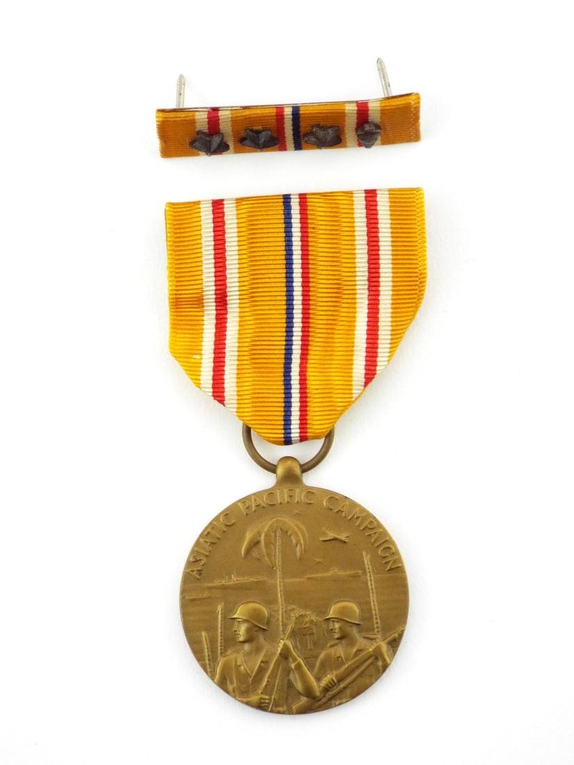 WWII US ASIATIC-PACIFIC CAMPAIGN MEDAL Bronze Arrowhead & Three Campaign Stars (1 of 6)