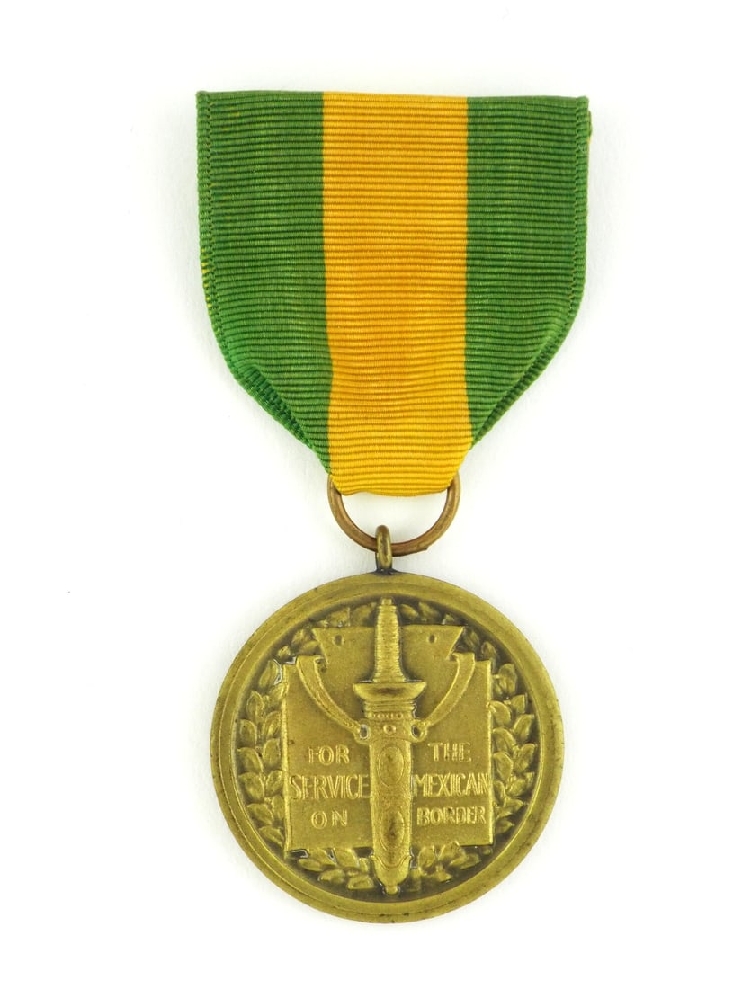 US Mexican War Border Service Medal with SERIAL NUMBER: The struck bronze planchet exhibits a mature chocolate patina across the obverse gladius and wreath relief, while the reverse displays a crisp eagle. The suspension ring remains structurally sound, se