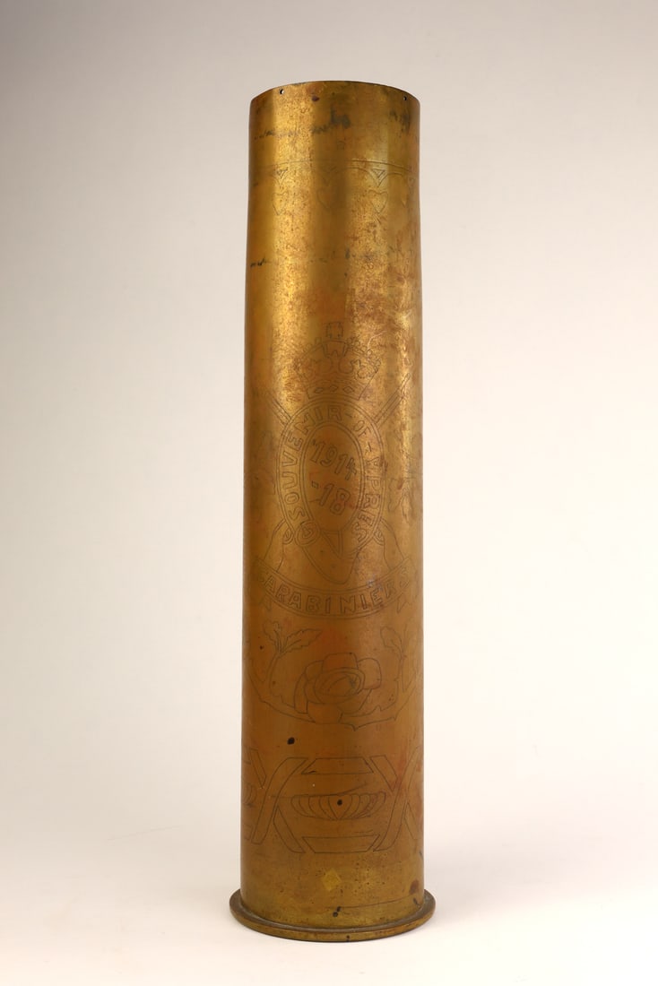 German WWI Captured TRENCH ART SHELL with Stippled British Carabiniers Decoration (1 of 6)