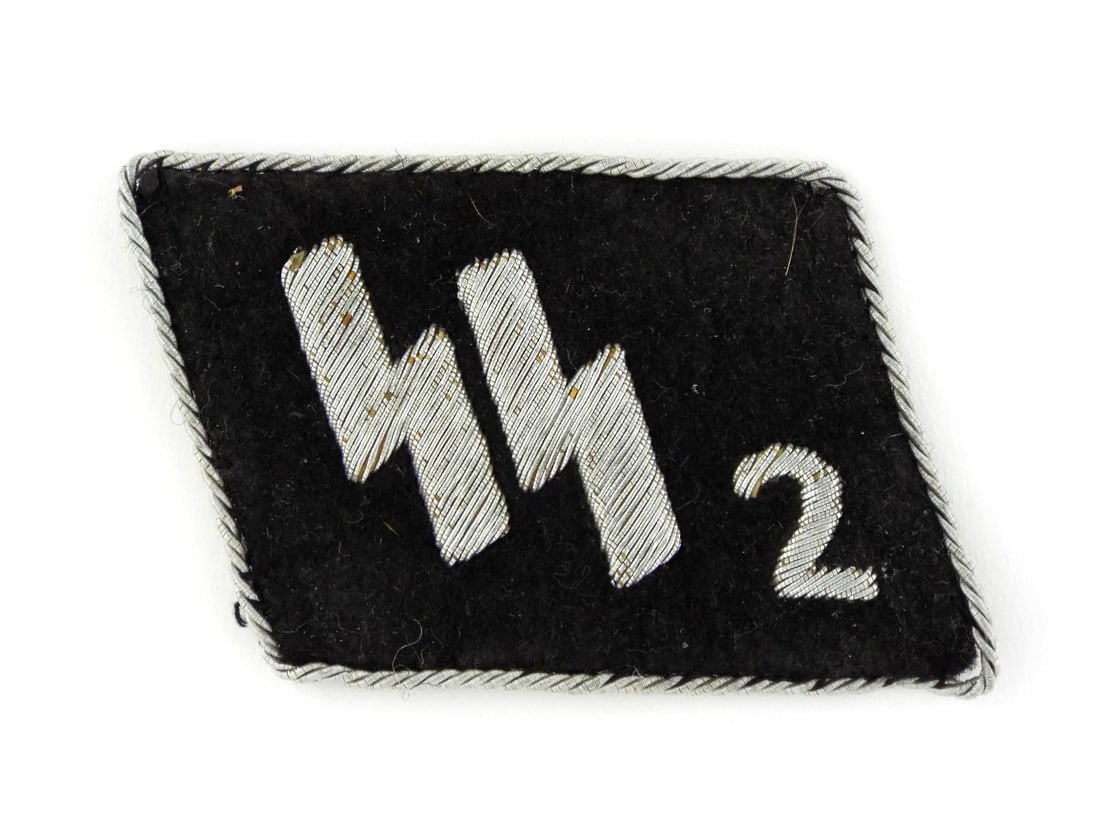 German WWII Waffen SS GERMANIA Regiment 2 Officers Bullion Color Tab: Fine and rare wool-felt body exhibits a deep black nap with characteristic age toning and minor surface nap wear. The face displays a superb hand embroidered bullion Sig Runes insignia positioned abov