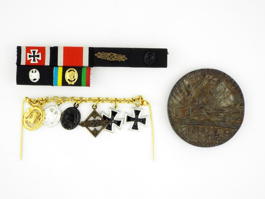 Group of German WWII Ribbon Bar Sweetheart Brooch & Medal: Lot includes a multi place ribbon bar and a decorative gold tone sweetheart chain. Ribbon bar features an Iron Cross 2nd Class spange, War Merit Cross and Long Service award with silvered eagle device
