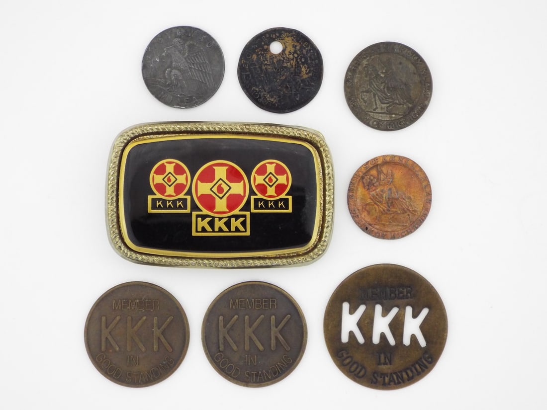 Grouping of American Belt Buckle and Tokens: Grouping of American Belt Buckle and Tokens.