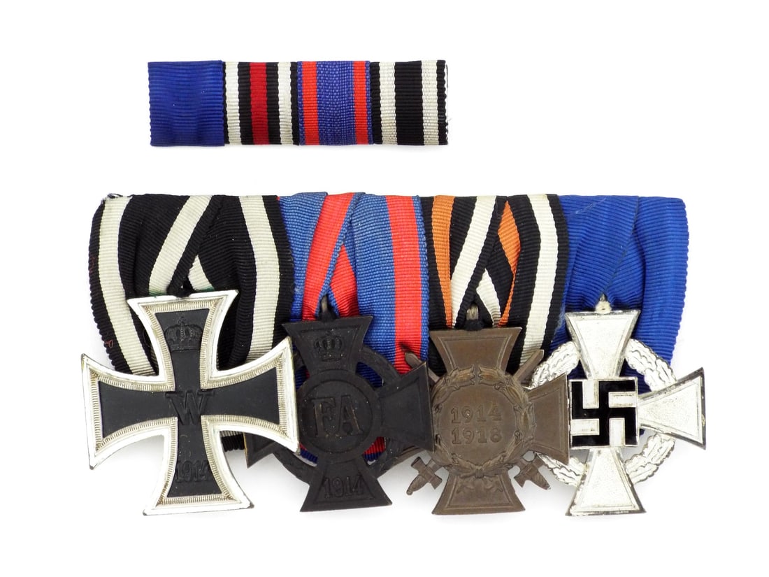 Fine German WWI COMBATANT MEDAL BAR with Iron Cross: Fine four place parade mount features a 1914 Iron Cross Second Class with crisp silvering and core paint, followed by an Oldenburg Friedrich August Cross with very minor finish loss to the FA monogram