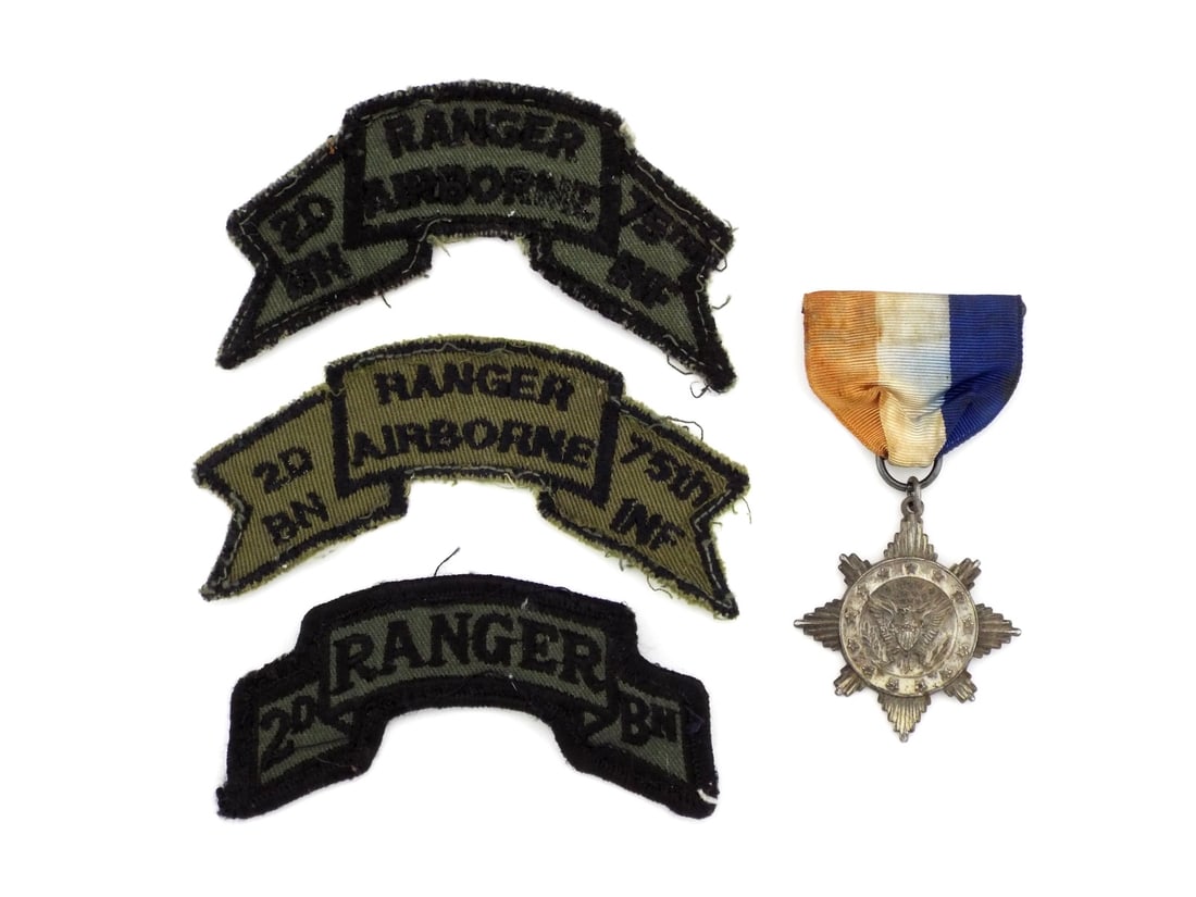 US VIETNAM RANGER BATTALION Patches & WWII STERLING SILVER MEDAL: Medal showing moderate tarnish and surface patina with a functional horizontal pin back. Reverse is struck with the inscription PRESENTED BY THE CITIZENS OF LAKEWOOD, N.J. IN GRATEFUL RECOGNITION OF P
