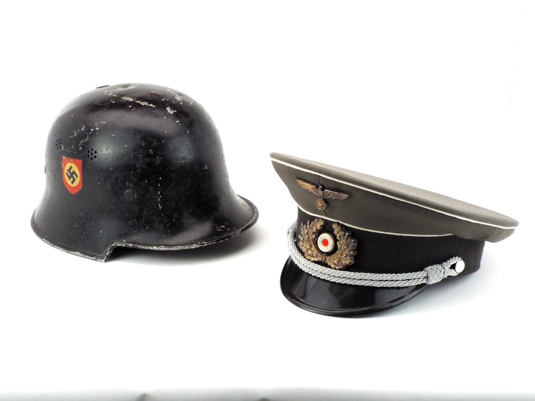 German WWII Helmet and POST WWII Visor Hat: German WWII Helmet and POST WWII Visor Hat