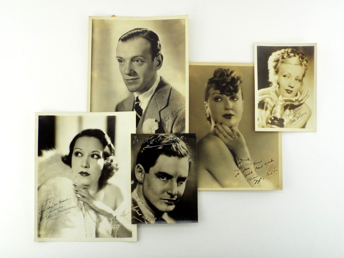 US 1930's Group of SIGNED CELEBRITY THEATRICAL PORTRAITS: Prints exhibit minor age toning and marginal silvering. Fred Astaire portrait displays crisp contrast with bold ink signature. Ethel Merman and Gypsy Rose Lee items feature personalized inscriptions t