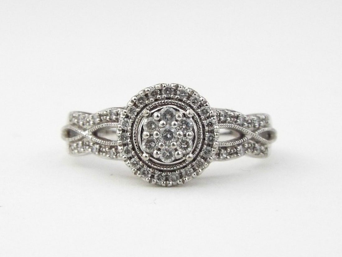 10K White Gold Natural Diamond Round Cluster Halo Engagement Ring With Lattice Diamond Band: 10K White Gold Natural Diamond Round Cluster Halo Engagement Ring With Lattice Diamond Band Diamonds 0.37tcw, Weight 3.7g, Size 7.