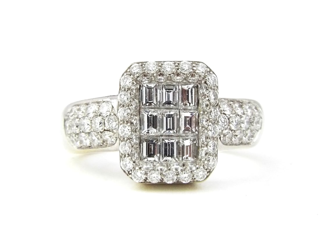 18K/750 White Gold Natural Diamond Baguette Center Cluster Halo Ring Nir Oliva: 18K/750 White Gold Natural Diamond Baguette Center Cluster Halo Ring, Brand Nir Oliva, Diamond 1.5tcw, Color F, Clarity VS, Weight 10.1g, Size: 5.75. Direct credit card payment will not be accepted fo