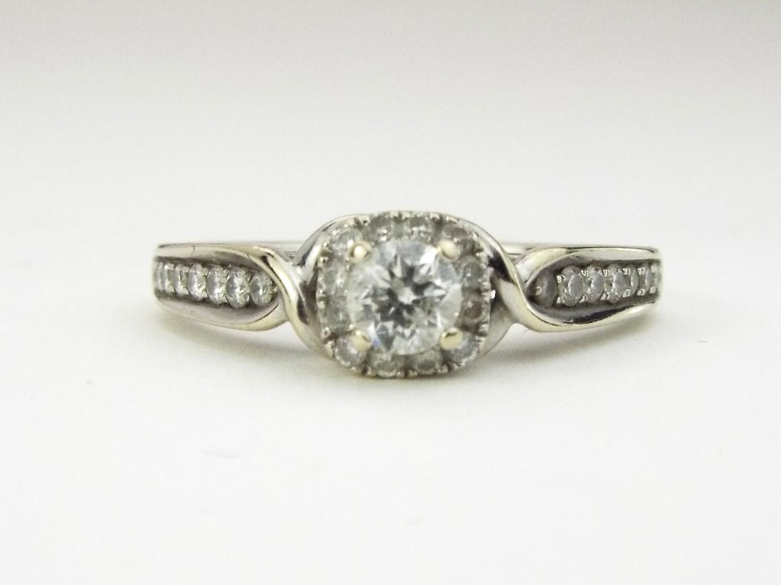 14K White Gold Round-Cut Natural Diamond Engagement Ring with Diamond Halo and Band: 14K White Gold Round-Cut Natural Diamond Engagement Ring with Diamond Halo and Band, Diamonds 0.4tcw, Center Stone 0.25ct, Weight 4g, Size 6.5. Direct credit card payment will not be accepted for this