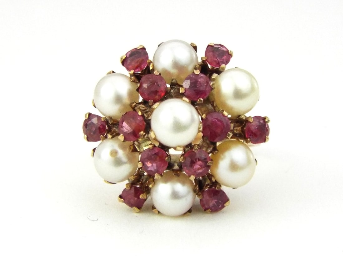 Pearl and Ruby Floral Shaped 14K Yellow Gold Ring (1 of 6)