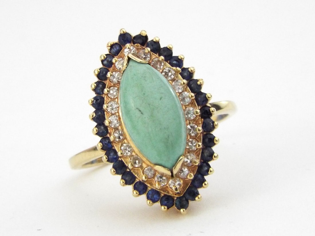 Marquise-Cut 15mm Turquoise Ring Framed in Natural Diamonds and Sapphires 14K Yellow Gold (1 of 6)