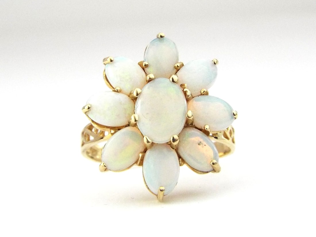14K Yellow Gold Opal Floral Cluster Ring with Carved Band (1 of 8)