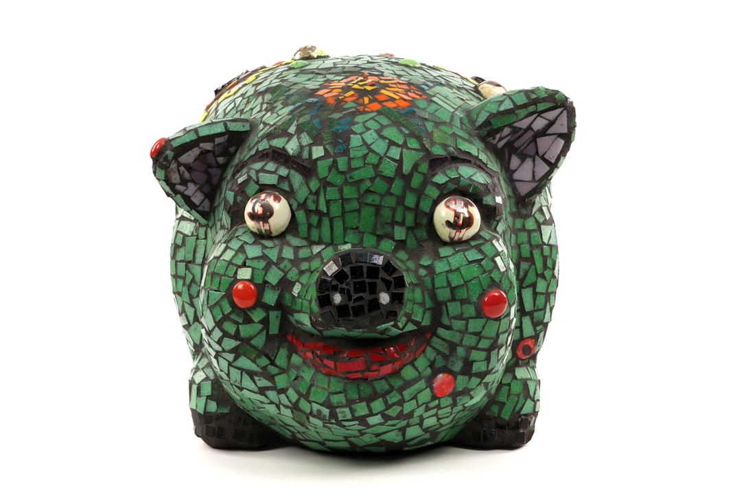 Carlos Alves Miami Piggy Bank Mixed Media: Mixed media Sculpture Of A Large Mosaic Piggy Bank By Carlos Alves.