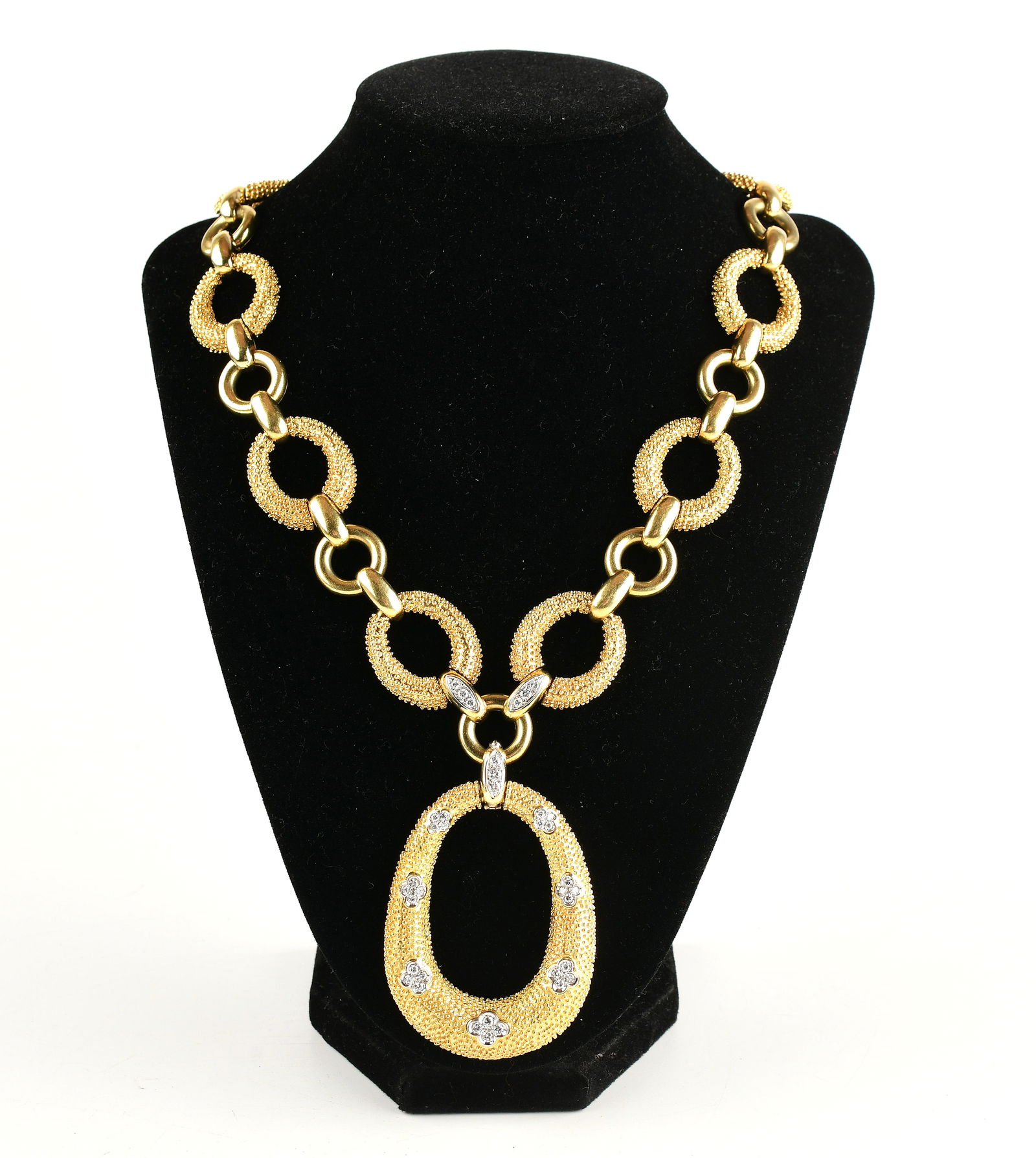 Textured Yellow Gold Link Statement Necklace with Removable Diamond Oval Pendant: Textured Yellow Gold Link Statement Necklace with Removable Diamond Oval Pendant, Weight 171g, Diamonds 1 tcw, Color G, Clarity VS, Natural. Direct credit card payment will not be accepted for this Lo