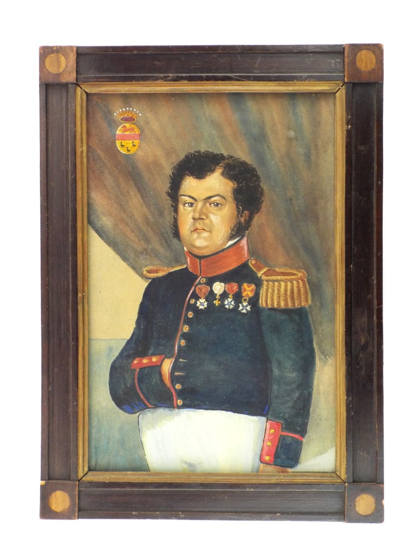 Poignant NAPOLEONIC French Framed Bassecourt OFFICER PORTRAIT & Gilt Heraldry (1 of 8)