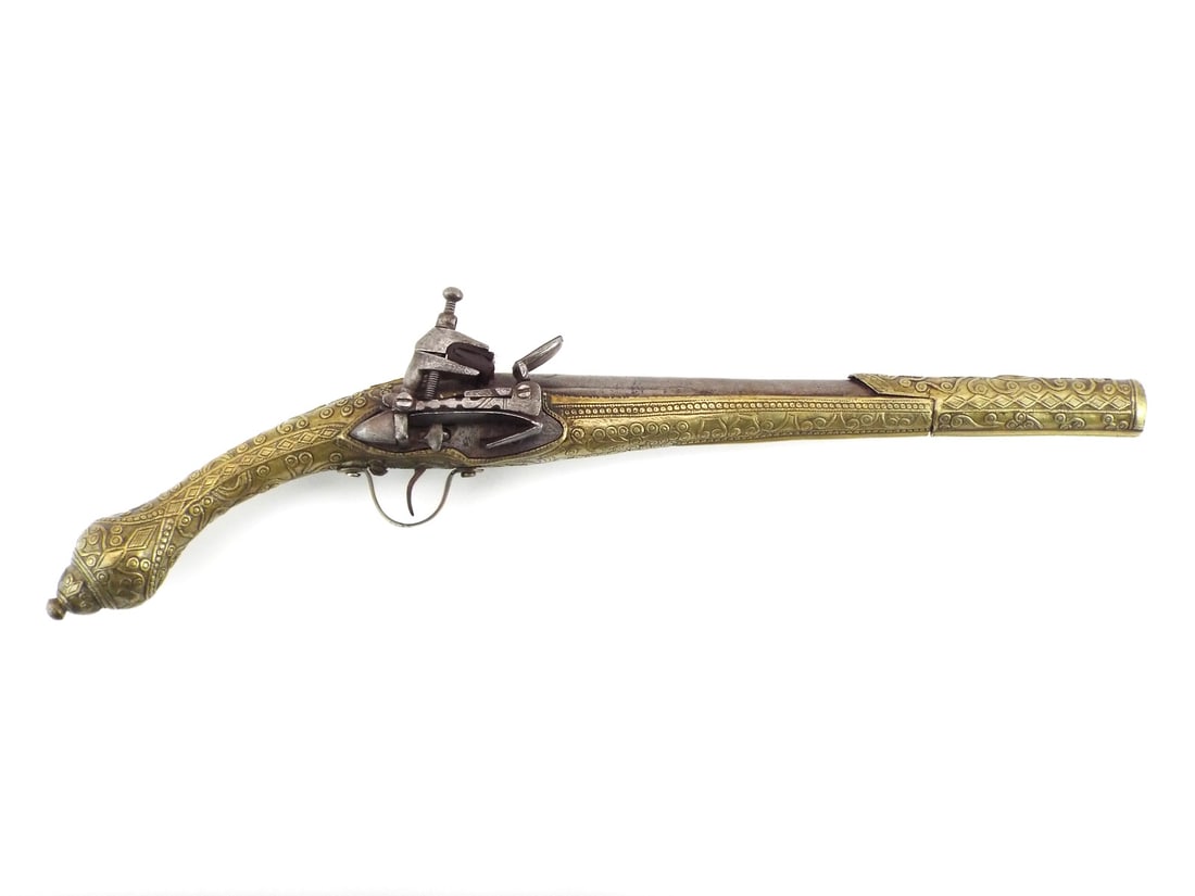 Fine Ottoman Balkan Antique MIQUELET PISTOL Chiseled Gilded Brass (1 of 20)