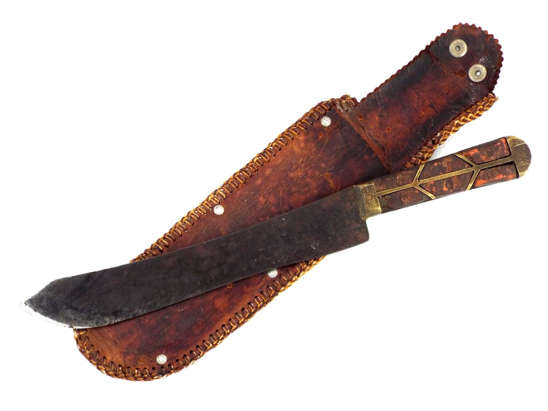 US Civil War Frontier Indian Trade Knife Brass Inlaid Hilt & Leather Scabbard (1 of 14)