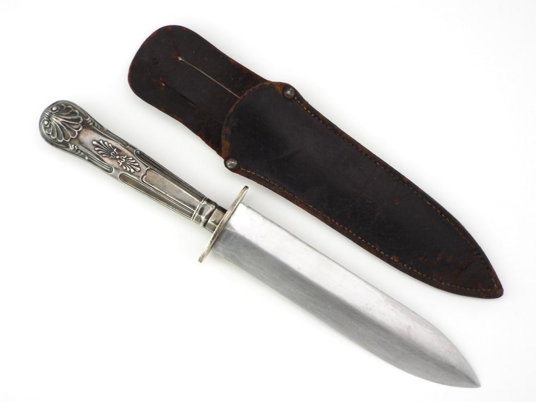 US 19th C. SILVER CUTLERY HANDLE FIGHTING KNIFE (1 of 14)