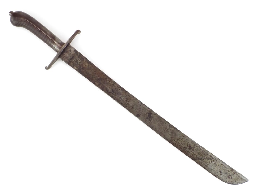 Imperial German WWI TRAIN BATTALION ARTILLERY FASCINE KNIFE: Heavily patinated single edged blade exhibits oxidation throughout with legible crown over R inspection stamp at the ricasso. Ribbed cast hilt shows dark patina and remains solid to the tang. Crossgua