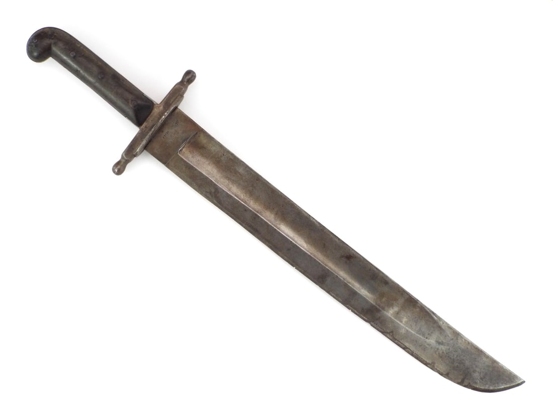 Prussian Franco-Prussian War PIONEER FASCINE KNIFE By OLIGS SOLINGEN: Single fullered carbon steel blade shows heavy salt and pepper spotting and dark oxidation with 1853 spine date and OLIGS maker mark. Ricasso bears 22.R.5.8. regimental stamps and crowned Prussian pro