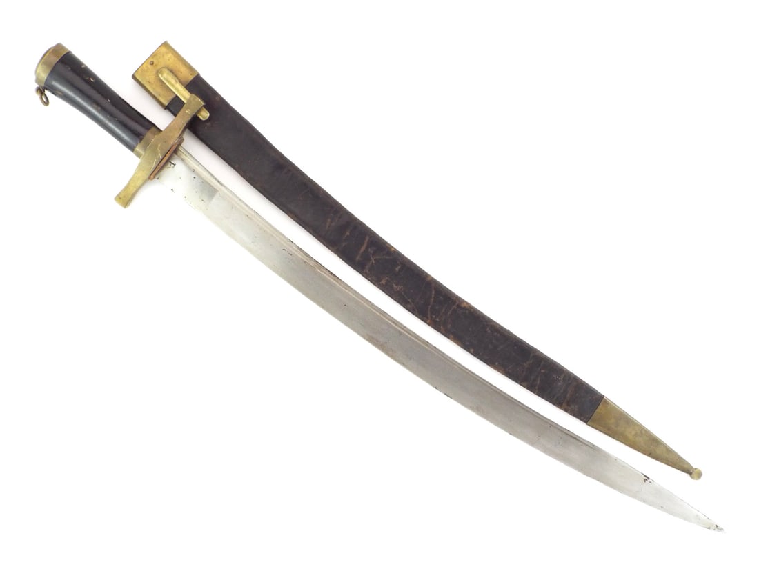Swedish 19th C. M1856 Naval Cutlass By CARL GUSTAF & Unit Marked: Single edged blade shows expected field wear with prominent P inspector stamp at ricasso. Brass crossguard and pommel cap retain dark uncleaned patina. Black wooden grip remains solid despite minor su