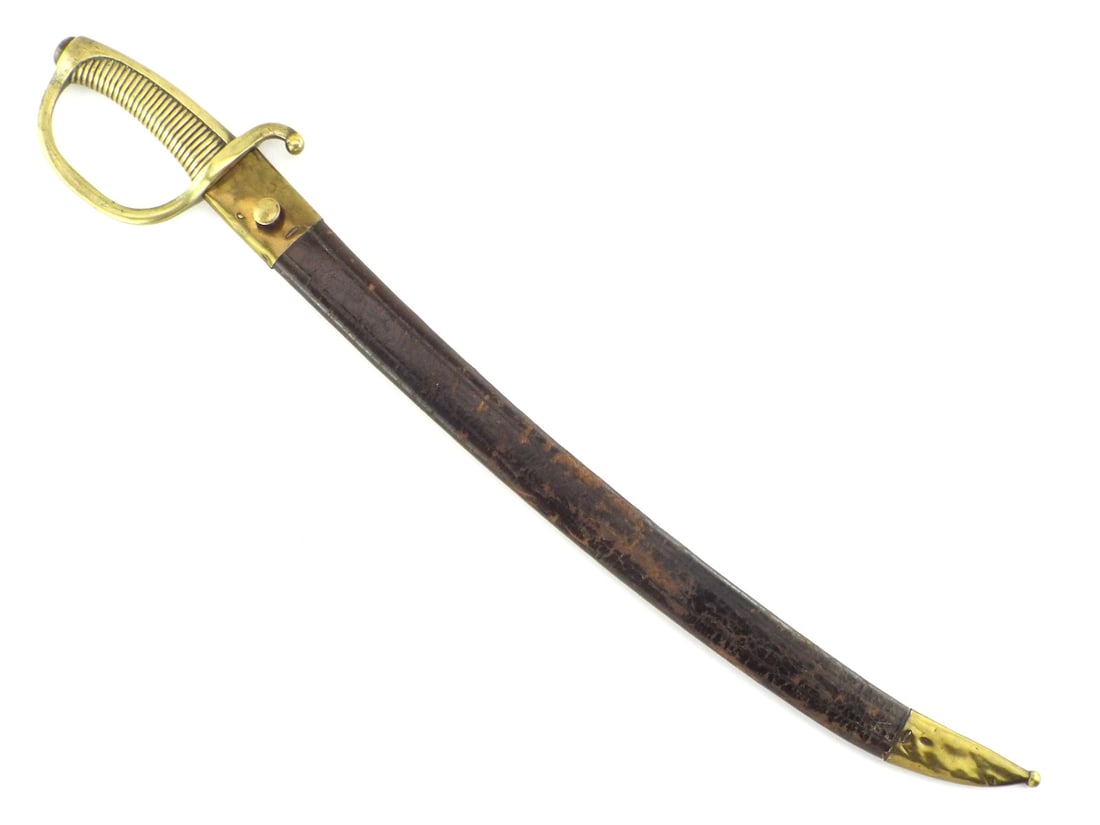 French Napoleonic 1816 Infantry Briquet Sword By FOLCAUD REMSCHEID: Slightly curved single edged blade shows significant salt and pepper oxidation throughout with legible Folcaud and Remscheid stamps at the ricasso. Solid brass ribbed hilt exhibits a deep untouched mu